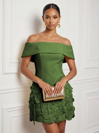 Stretch Mesh Bodycon Off Shoulder Short Cocktail Dresses with 3D Flowers