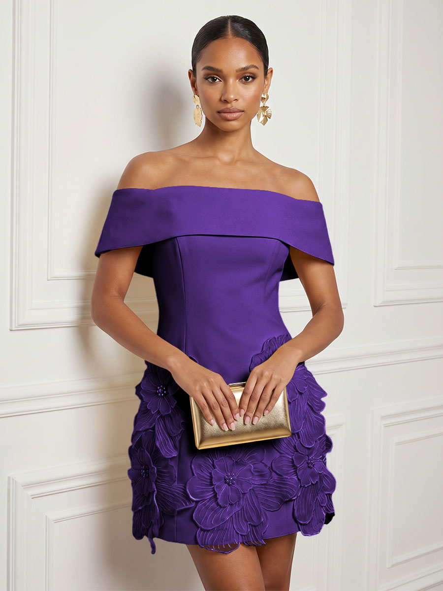 Stretch Mesh Bodycon Off Shoulder Short Cocktail Dresses with 3D Flowers