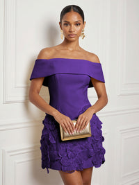 Stretch Mesh Bodycon Off Shoulder Short Cocktail Dresses with 3D Flowers