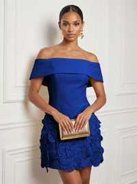 Stretch Mesh Bodycon Off Shoulder Short Cocktail Dresses with 3D Flowers
