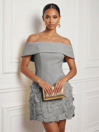 Stretch Mesh Bodycon Off Shoulder Short Cocktail Dresses with 3D Flowers