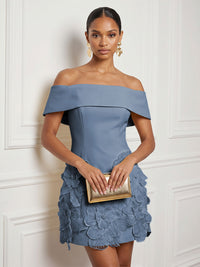 Stretch Mesh Bodycon Off Shoulder Short Cocktail Dresses with 3D Flowers