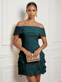Stretch Mesh Bodycon Off Shoulder Short Cocktail Dresses with 3D Flowers