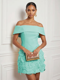 Stretch Mesh Bodycon Off Shoulder Short Cocktail Dresses with 3D Flowers