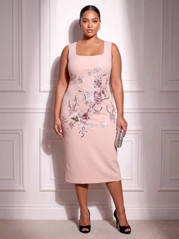 Stretch Mesh Sheath/Column Square Neck Tea-Length Cocktail Dresses with Floral Embroidery