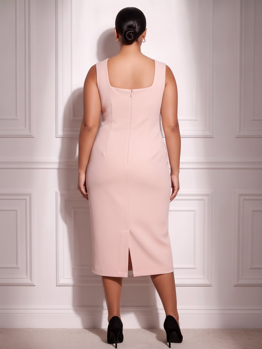 Stretch Mesh Sheath/Column Square Neck Tea-Length Cocktail Dresses with Floral Embroidery