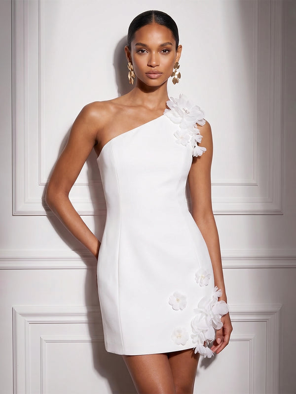 Stretch Mesh Bodycon One Shoulder Short Cocktail Dresses with 3D Flowers