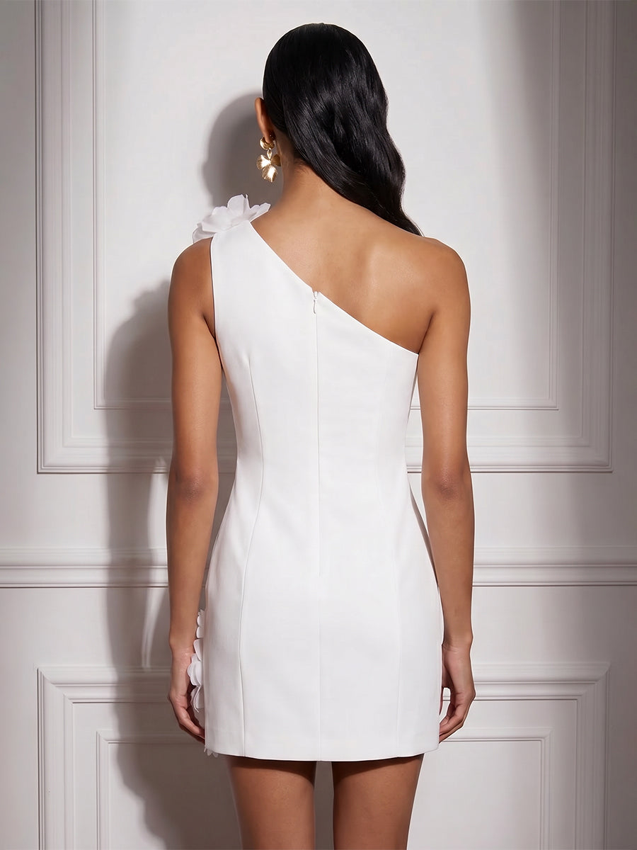 Stretch Mesh Bodycon One Shoulder Short Cocktail Dresses with 3D Flowers