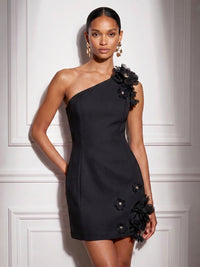Stretch Mesh Bodycon One Shoulder Short Cocktail Dresses with 3D Flowers