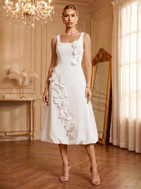 Stretch Mesh A-Line/Princess Square Neck Tea-Length Cocktail Dresses with 3D Flowers