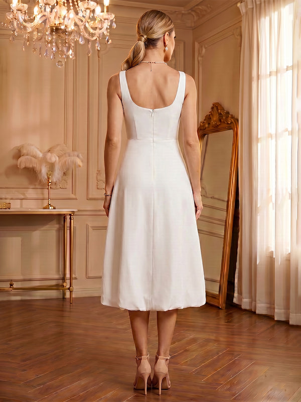 Stretch Mesh A-Line/Princess Square Neck Tea-Length Cocktail Dresses with 3D Flowers