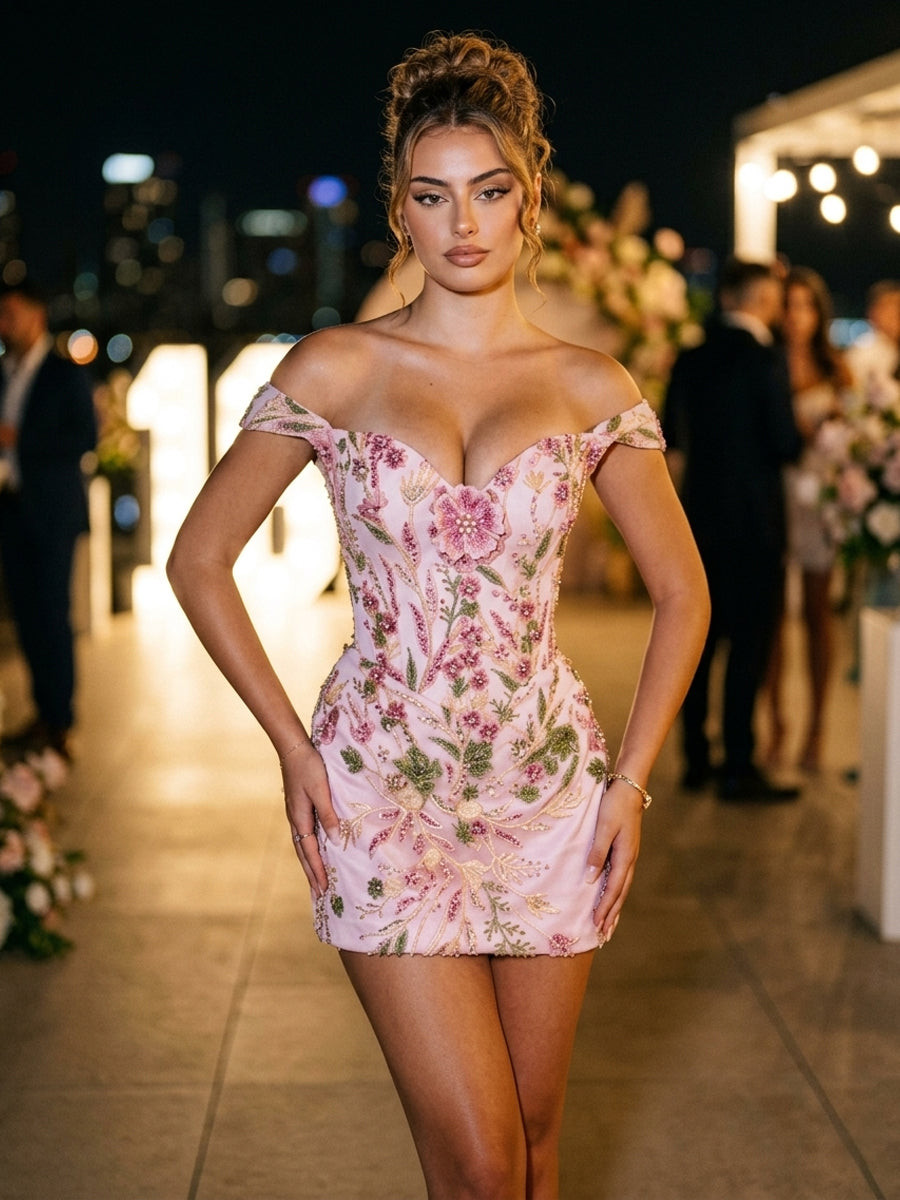 Sequin Floral Bodycon Off Shoulder Short Cocktail Dresses for Women