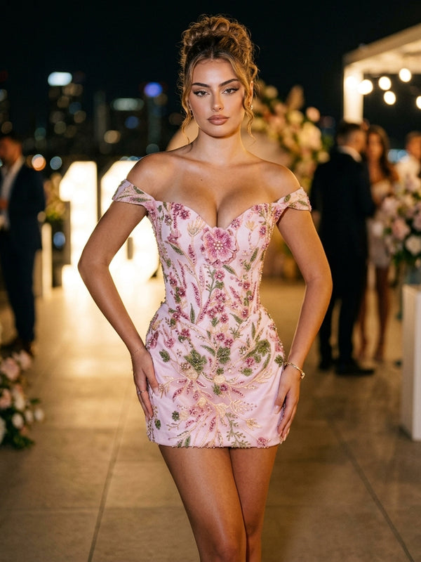 Sequin Floral Bodycon Off Shoulder Short Cocktail Dresses for Women