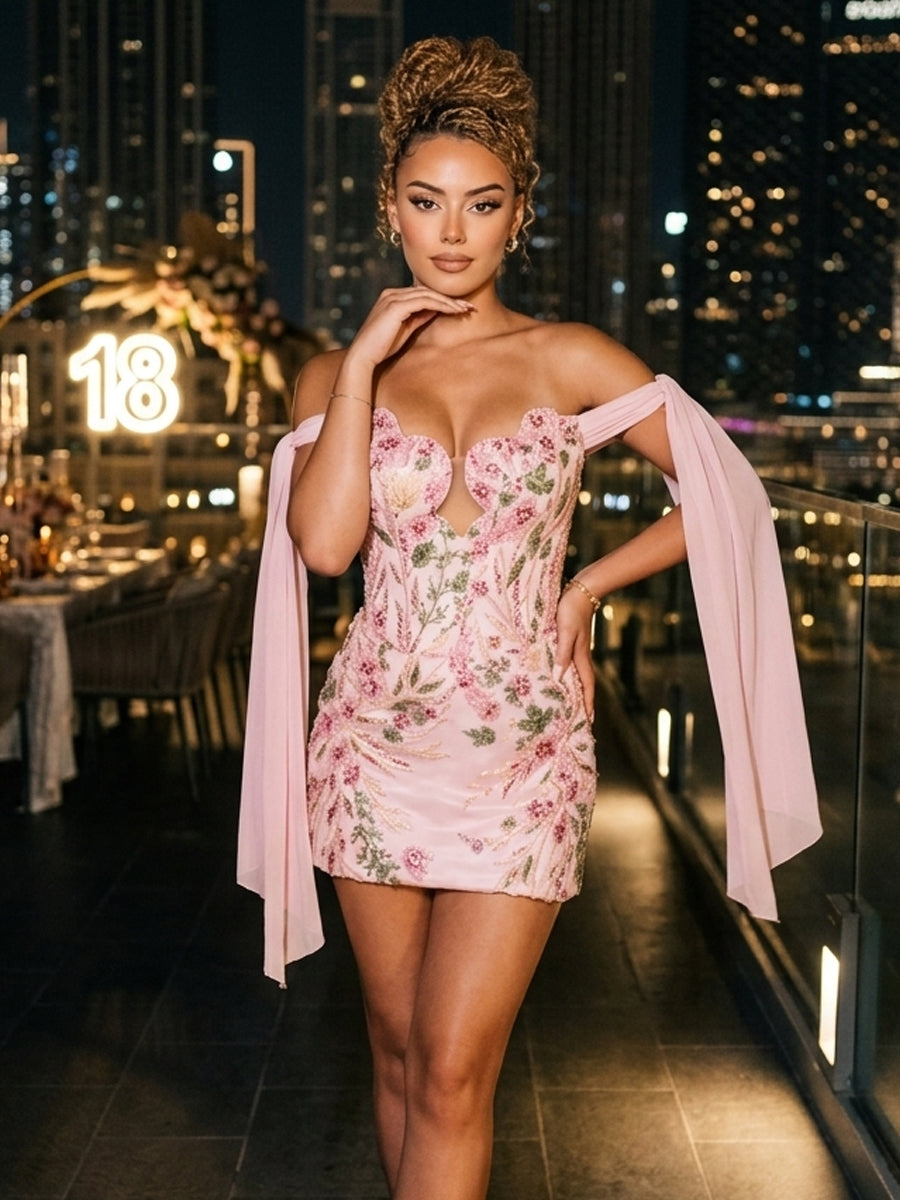 Sequin Floral Bodycon Off Shoulder Short Cocktail Dresses with Sash