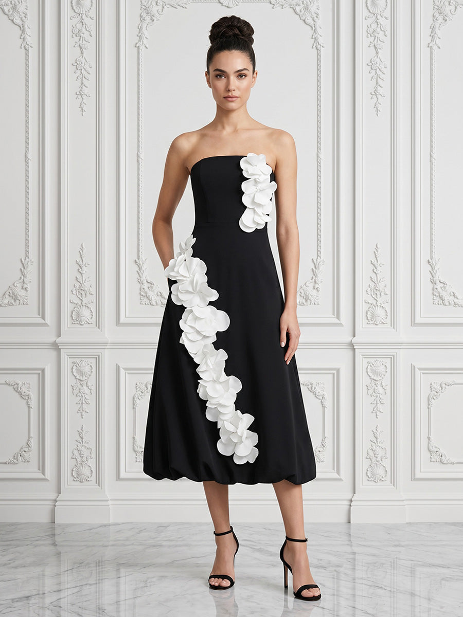 Stretch Mesh A-Line/Princess Strapless Tea-Length Cocktail Dresses with 3D Flowers