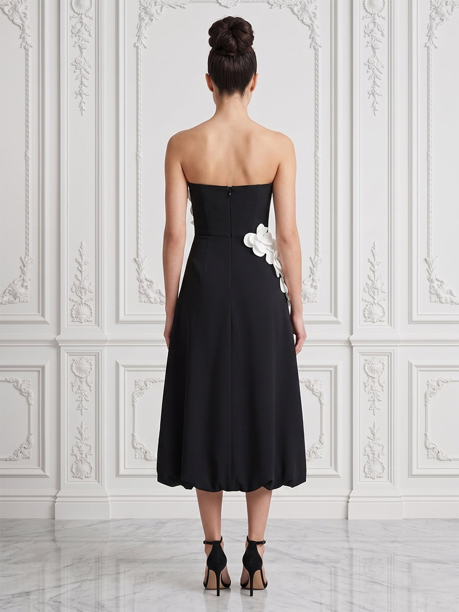 Stretch Mesh A-Line/Princess Strapless Tea-Length Cocktail Dresses with 3D Flowers