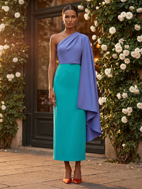Stretch Mesh Sheath/Column One Shoulder Tea-Length Cocktail Dresses with Chic Colorblock Detail