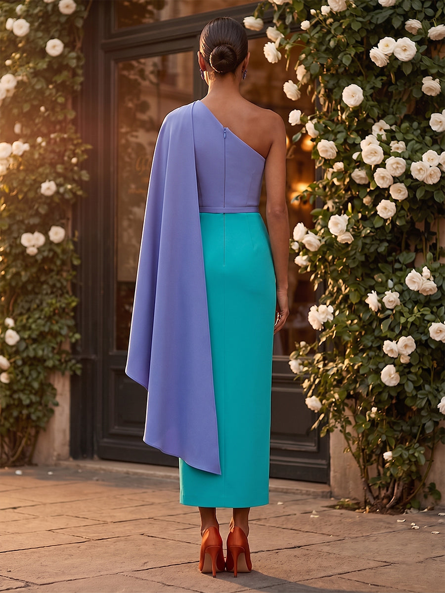 Stretch Mesh Sheath/Column One Shoulder Tea-Length Cocktail Dresses with Chic Colorblock Detail