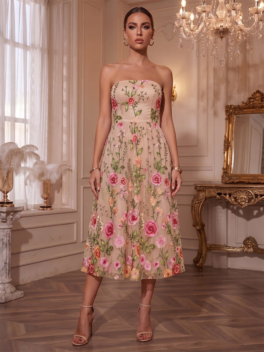 Floral Embroidery A-Line/Princess Strapless Tea-Length Cocktail Dresses for Women
