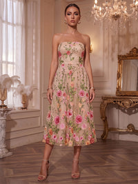 Floral Embroidery A-Line/Princess Strapless Tea-Length Cocktail Dresses for Women