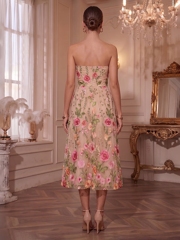 Floral Embroidery A-Line/Princess Strapless Tea-Length Cocktail Dresses for Women