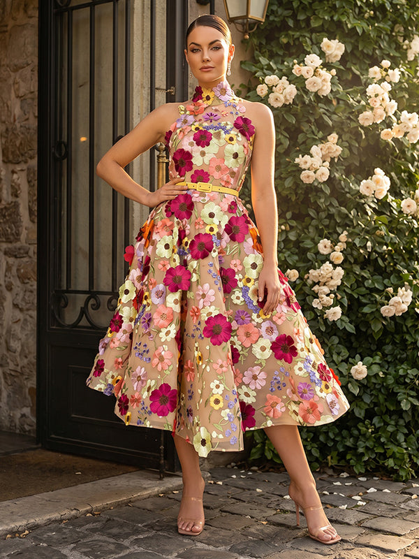 Lace Appliques A-Line/Princess High Neck Tea-Length Cocktail Dresses with Belt