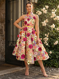 Lace Appliques A-Line/Princess High Neck Tea-Length Cocktail Dresses with Belt
