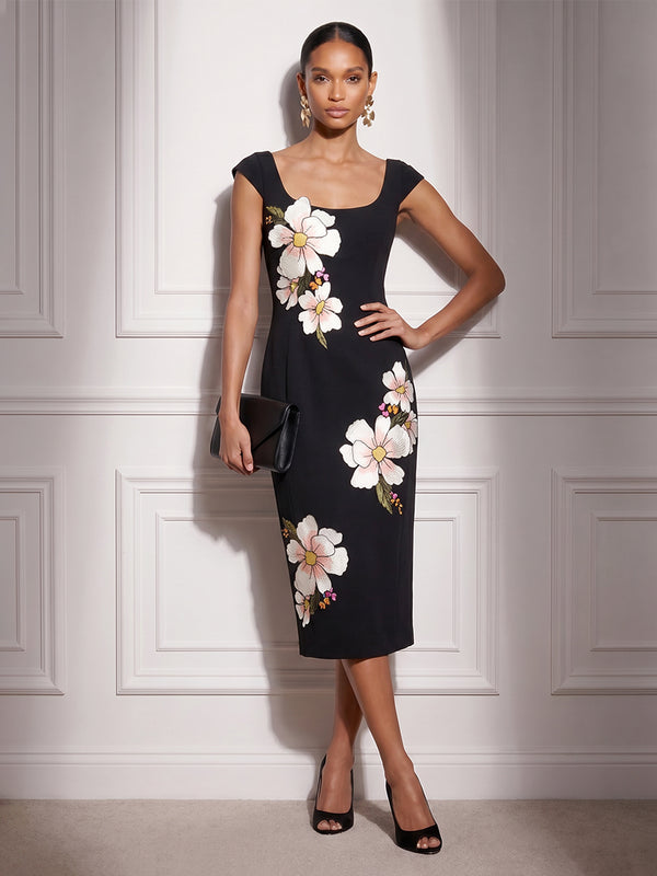 Satin Sheath/Column Square Neck Tea-Length Cocktail Dresses with Floral Bodice