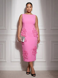 Stretch Jersey Sheath/Column Scoop Neck Tea-Length Cocktail Dresses with 3D Flowers