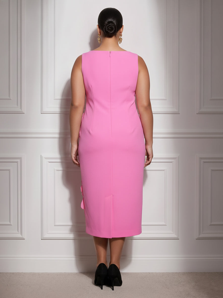 Stretch Jersey Sheath/Column Scoop Neck Tea-Length Cocktail Dresses with 3D Flowers