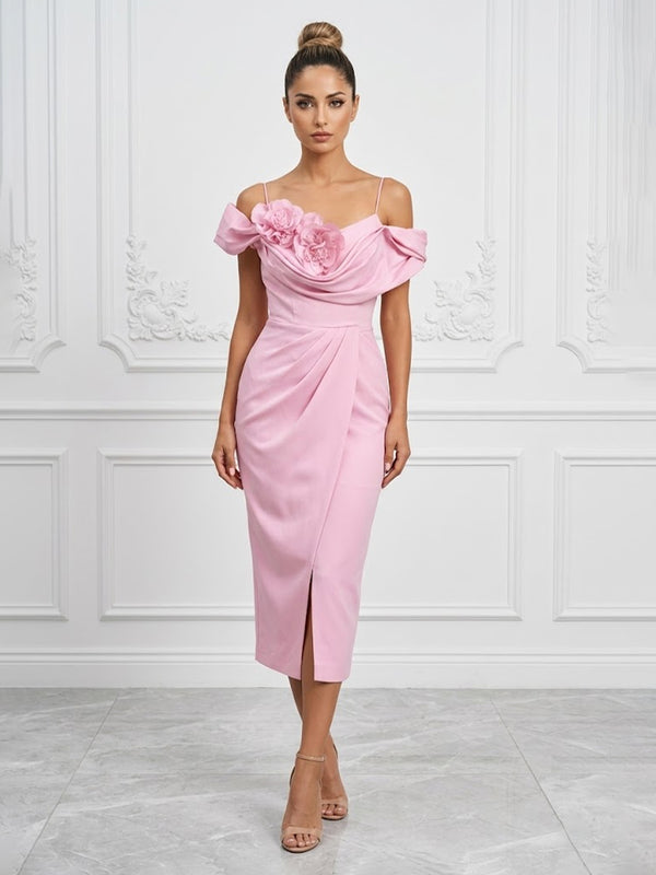 Stretch Jersey Sheath/Column Off Shoulder Tea-Length Cocktail Dresses with 3D Flowers & Ruched Waist