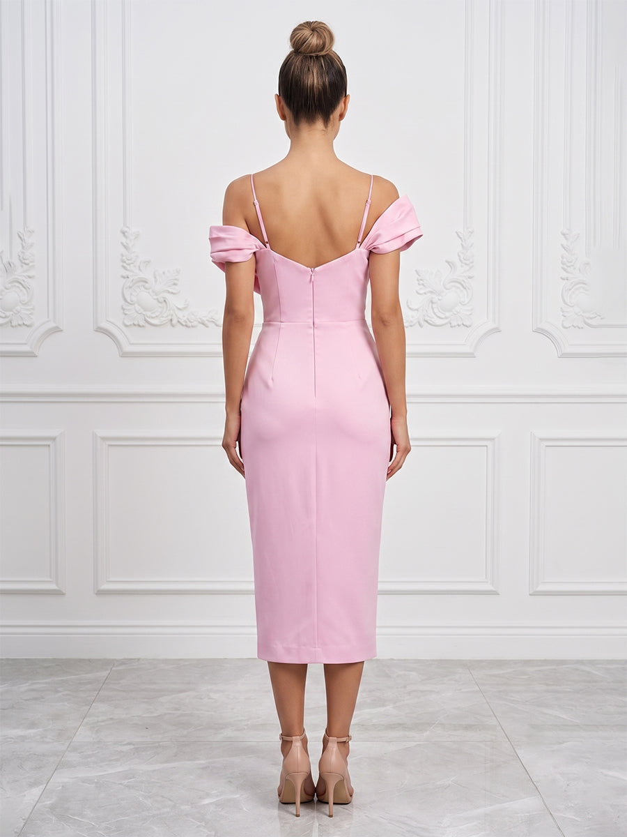 Stretch Jersey Sheath/Column Off Shoulder Tea-Length Cocktail Dresses with 3D Flowers & Ruched Waist