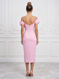Stretch Jersey Sheath/Column Off Shoulder Tea-Length Cocktail Dresses with 3D Flowers & Ruched Waist
