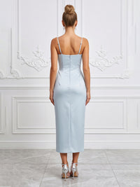 Satin Sheath/Column Spaghetti Straps Tea-Length Cocktail Dresses with 3D Flowers & Ruched Waist