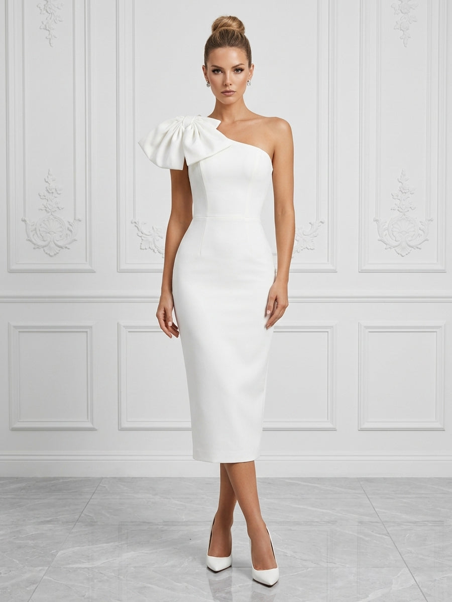 Stretch Jersey Sheath/Column One Shoulder Tea-Length Cocktail Dresses with Bow