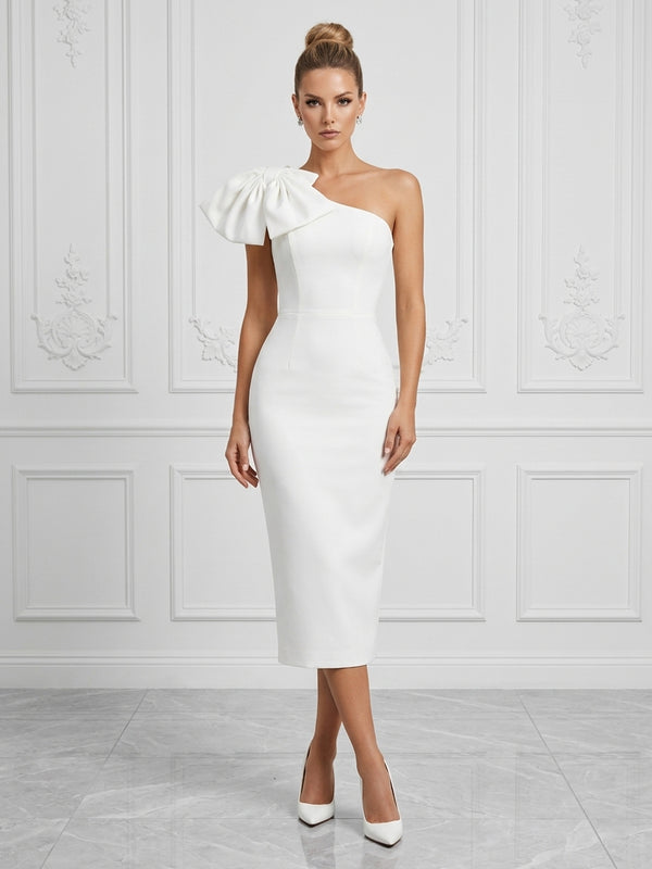 Stretch Jersey Sheath/Column One Shoulder Tea-Length Cocktail Dresses with Bow