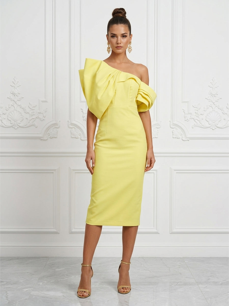Stretch Jersey Sheath/Column Off Shoulder Tea-Length Cocktail Dresses with Ruched Bodice