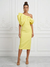 Stretch Jersey Sheath/Column Off Shoulder Tea-Length Cocktail Dresses with Ruched Bodice