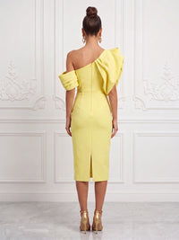 Stretch Jersey Sheath/Column Off Shoulder Tea-Length Cocktail Dresses with Ruched Bodice