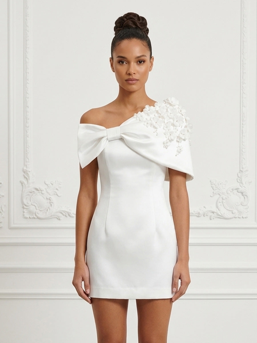 Satin Bodycon Off Shoulder Short Cocktail Dresses with 3D Flowers