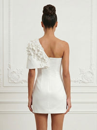 Satin Bodycon Off Shoulder Short Cocktail Dresses with 3D Flowers