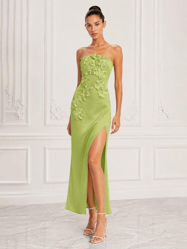 Satin Sheath/Column Strapless Tea-Length Cocktail Dresses with 3D Flowers & Slit