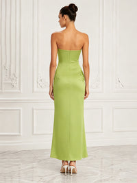 Satin Sheath/Column Strapless Tea-Length Cocktail Dresses with 3D Flowers & Slit