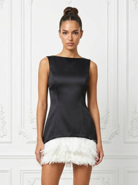 Satin Bodycon Scoop Neck Short Cocktail Dresses with Feather Trim