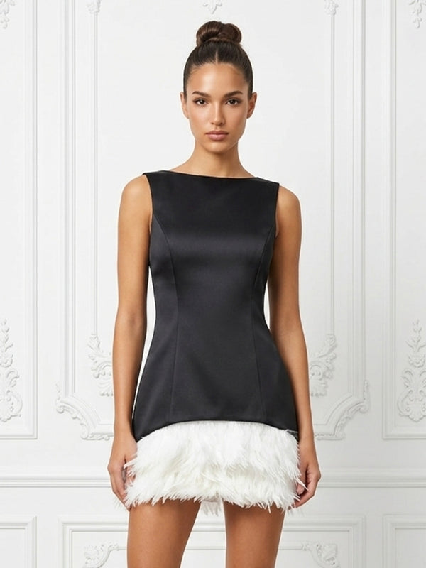 Satin Bodycon Scoop Neck Short Cocktail Dresses with Feather Trim