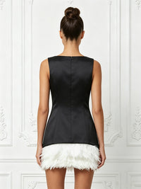 Satin Bodycon Scoop Neck Short Cocktail Dresses with Feather Trim