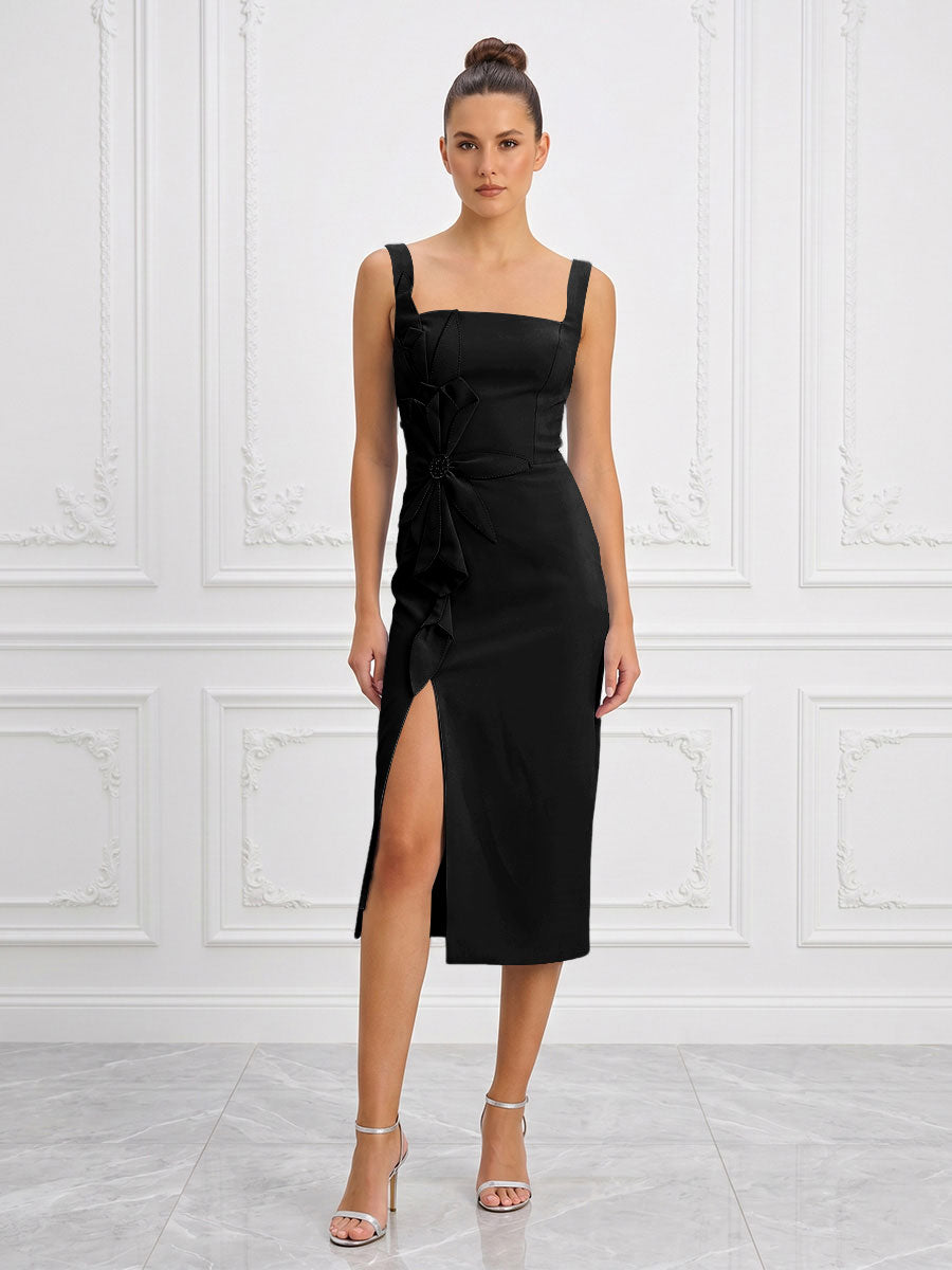 Stretch Jersey Sheath/Column Square Neck Tea-Length Cocktail Dresses with Slit