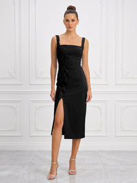 Stretch Jersey Sheath/Column Square Neck Tea-Length Cocktail Dresses with Slit
