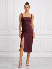 Stretch Jersey Sheath/Column Square Neck Tea-Length Cocktail Dresses with Slit