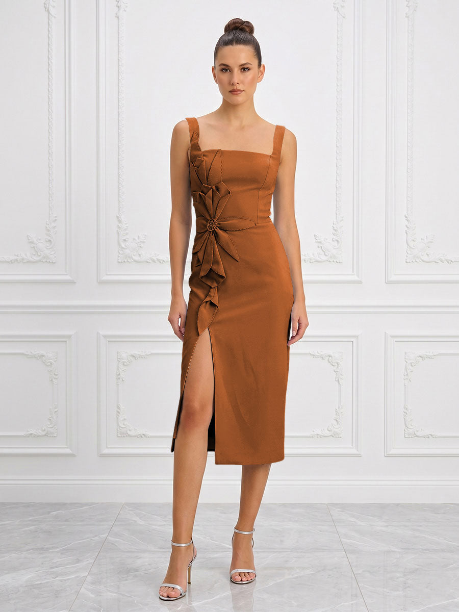Stretch Jersey Sheath/Column Square Neck Tea-Length Cocktail Dresses with Slit